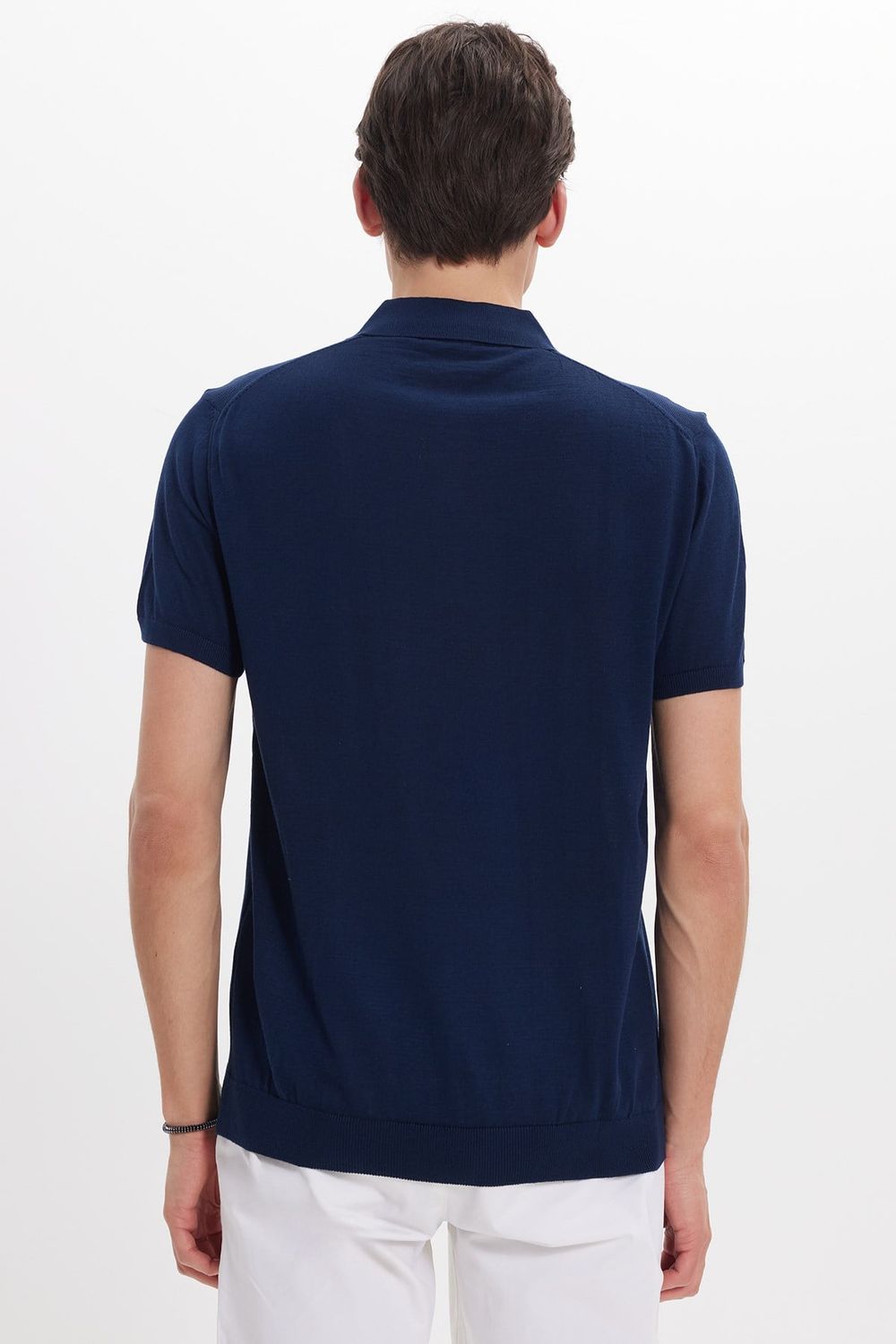Erkek Slim Fit Dar Kesim Pamuklu Örme Triko Lacivert Polo Yaka Tişört