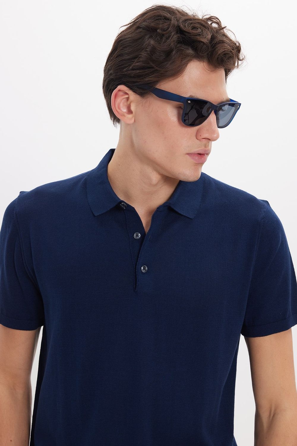 Erkek Slim Fit Dar Kesim Pamuklu Örme Triko Lacivert Polo Yaka Tişört