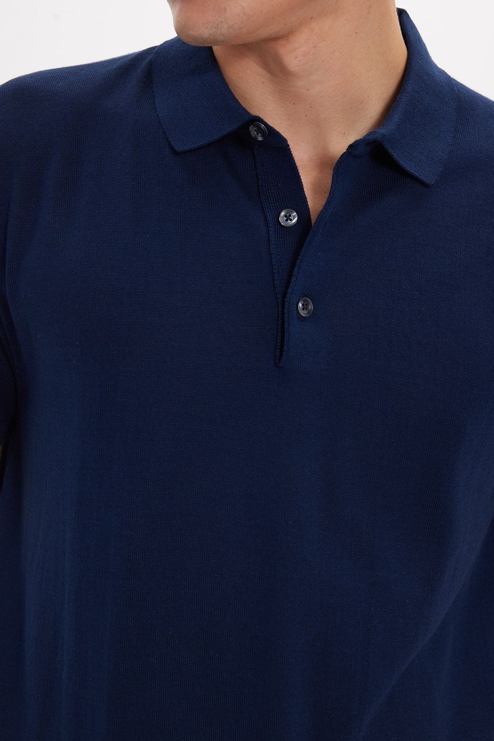 Erkek Slim Fit Dar Kesim Pamuklu Örme Triko Lacivert Polo Yaka Tişört
