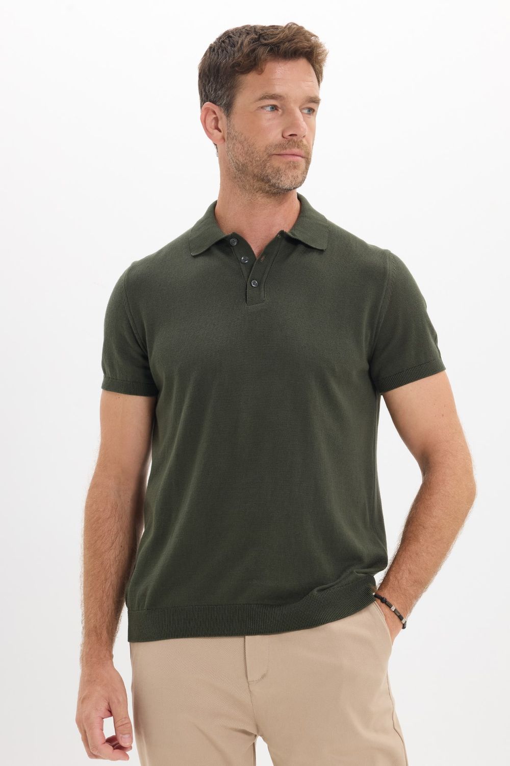 Erkek Slim Fit Dar Kesim Pamuklu Örme Triko Haki Polo Yaka Tişört