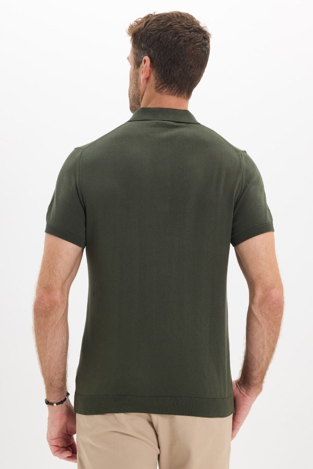 Erkek Slim Fit Dar Kesim Pamuklu Örme Triko Haki Polo Yaka Tişört