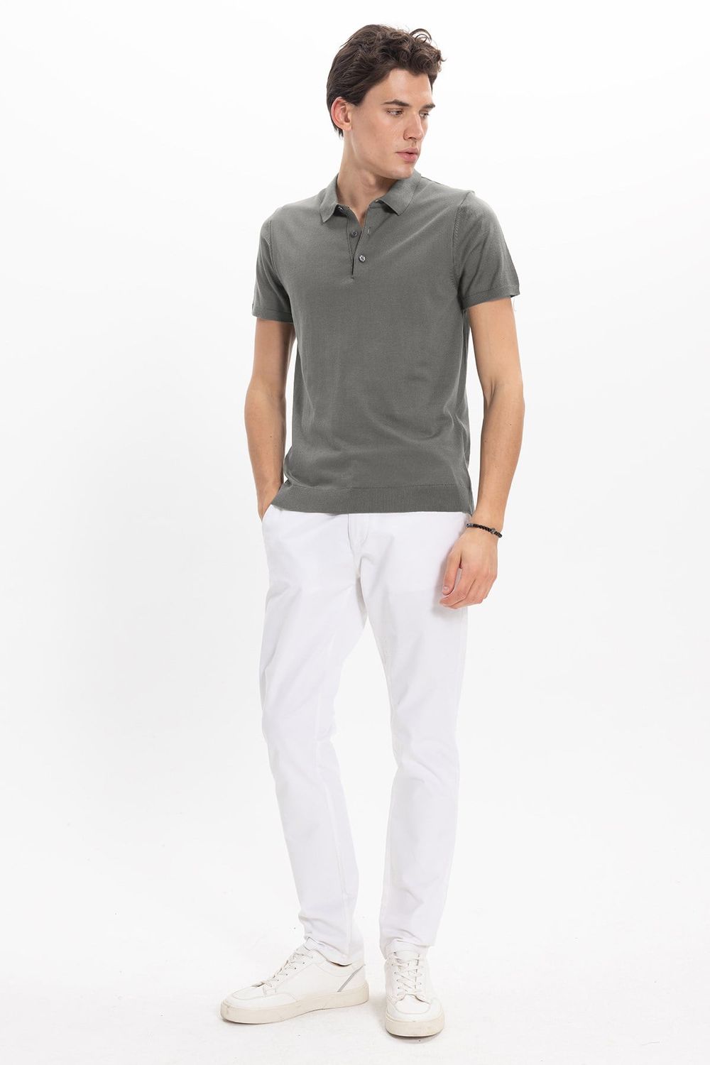 Erkek Slim Fit Dar Kesim Pamuklu Örme Triko Gri Polo Yaka Tişört