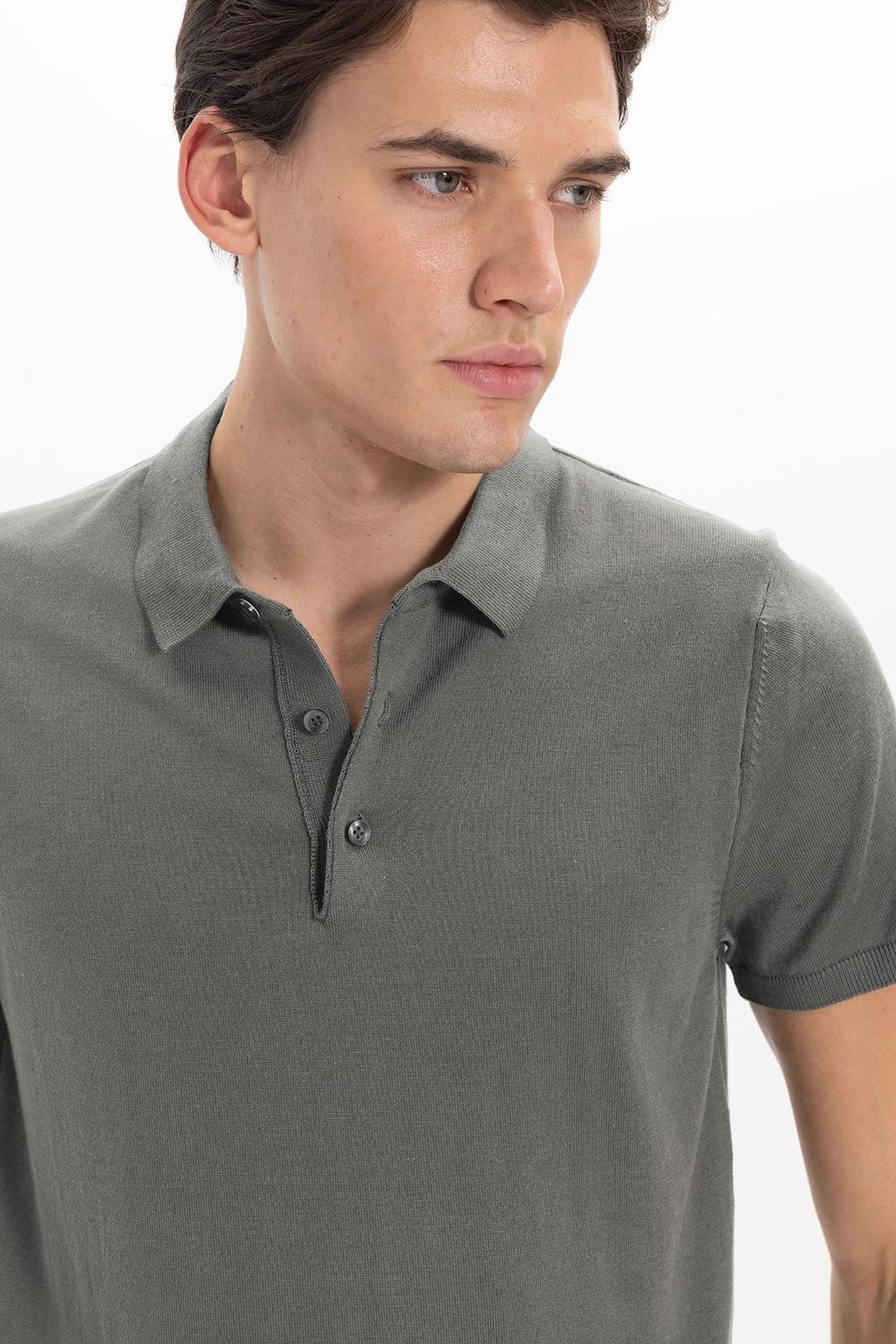 Erkek Slim Fit Dar Kesim Pamuklu Örme Triko Gri Polo Yaka Tişört