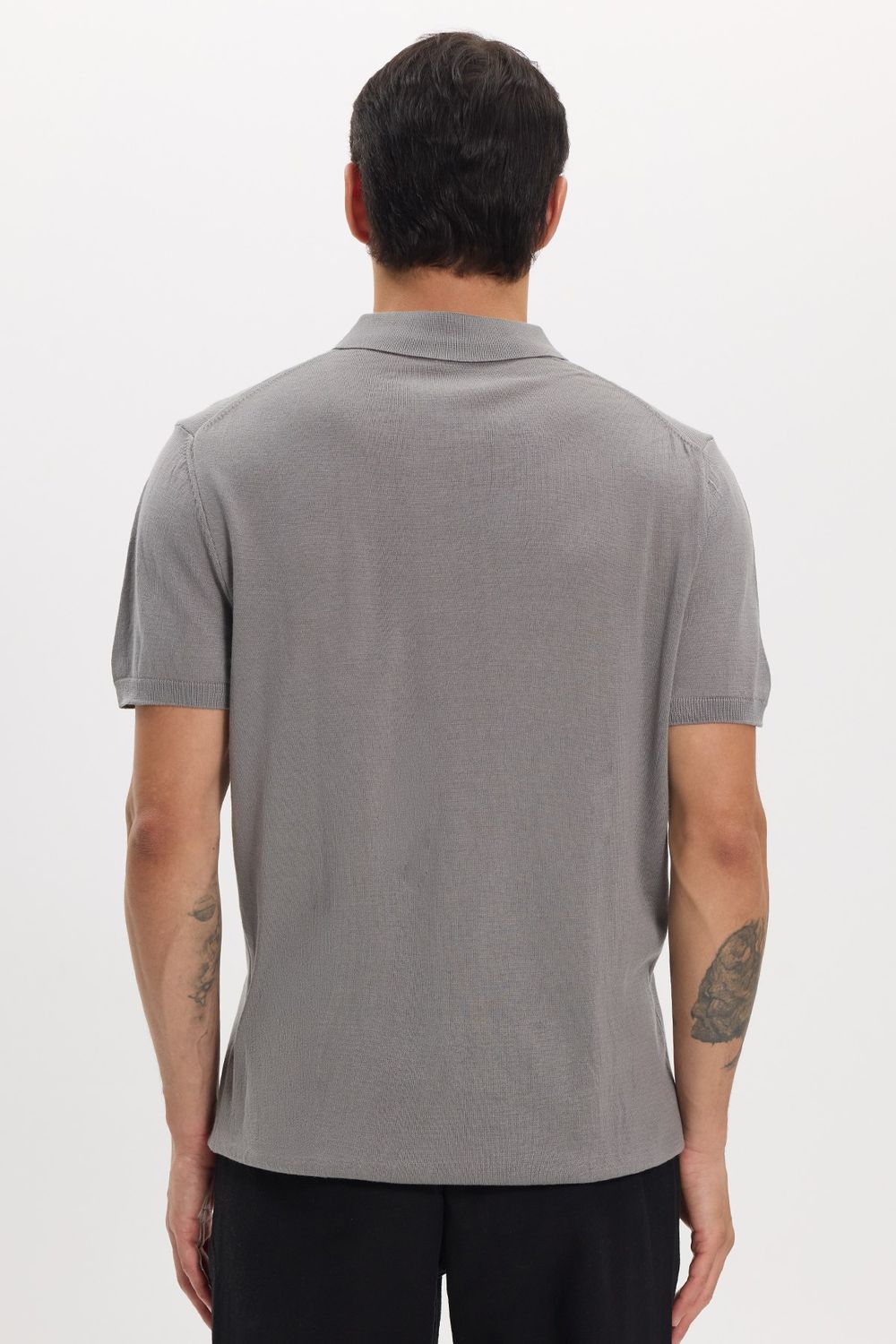 Erkek Slim Fit Dar Kesim Pamuklu Örme Triko Gri Polo Yaka Tişört