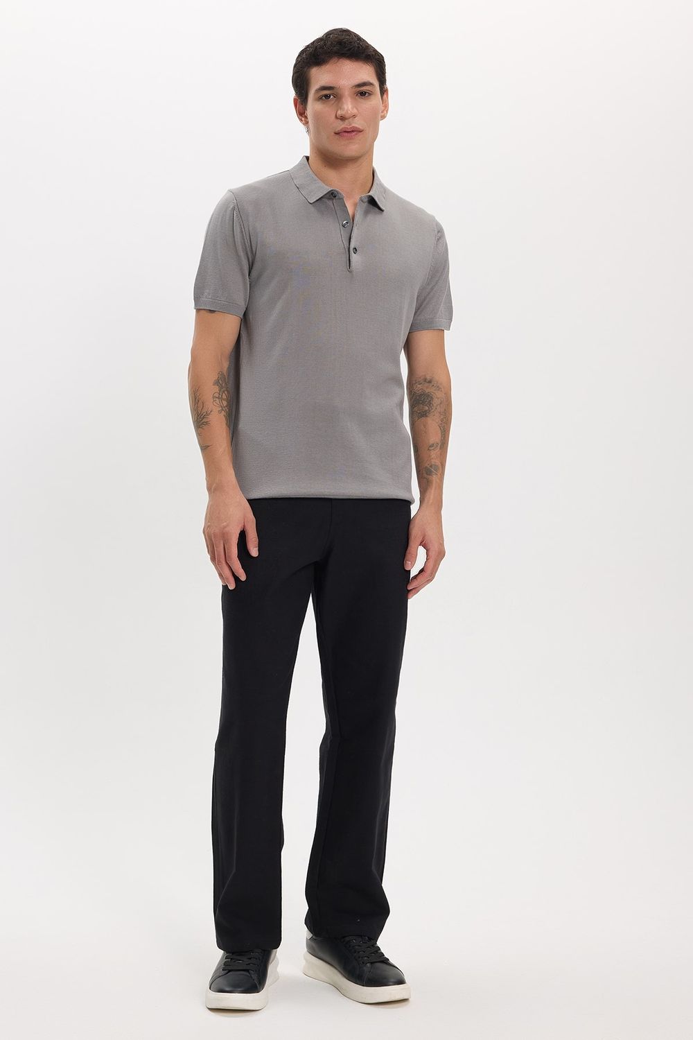 Erkek Slim Fit Dar Kesim Pamuklu Örme Triko Gri Polo Yaka Tişört