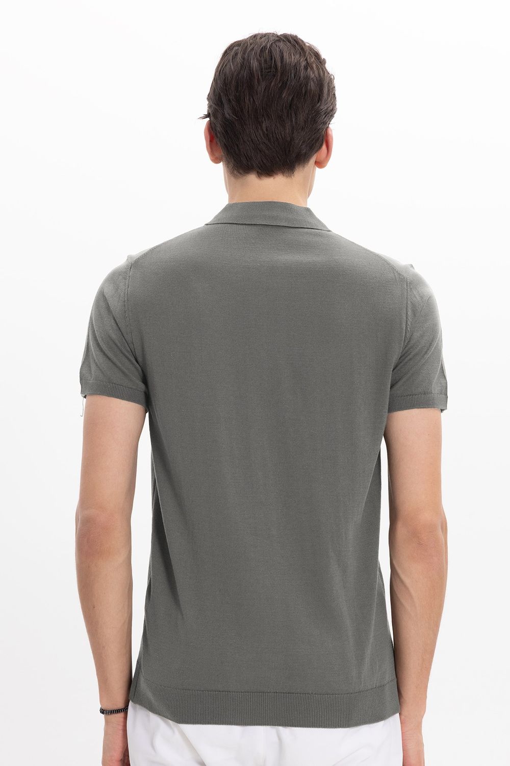 Erkek Slim Fit Dar Kesim Pamuklu Örme Triko Gri Polo Yaka Tişört