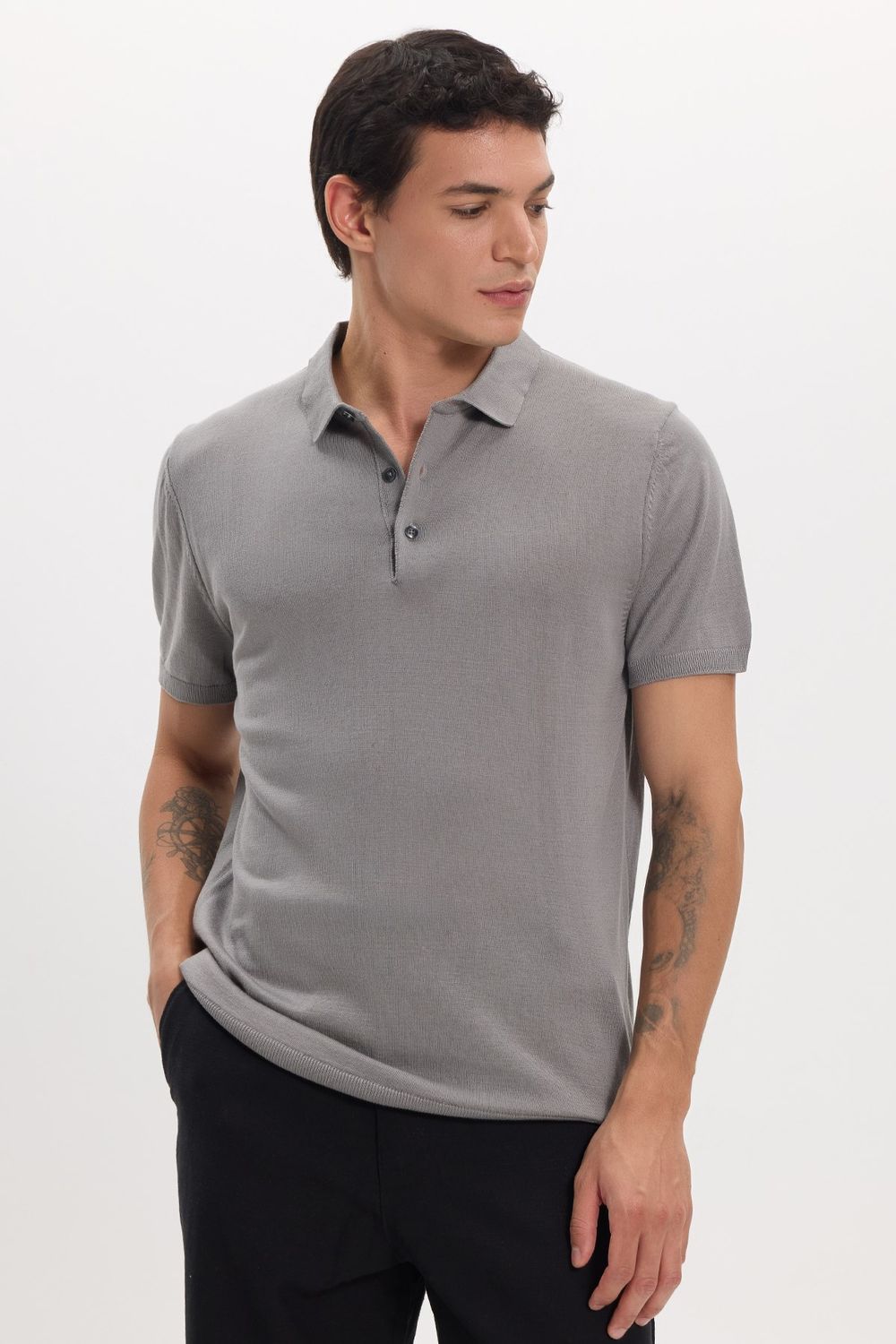 Erkek Slim Fit Dar Kesim Pamuklu Örme Triko Gri Polo Yaka Tişört