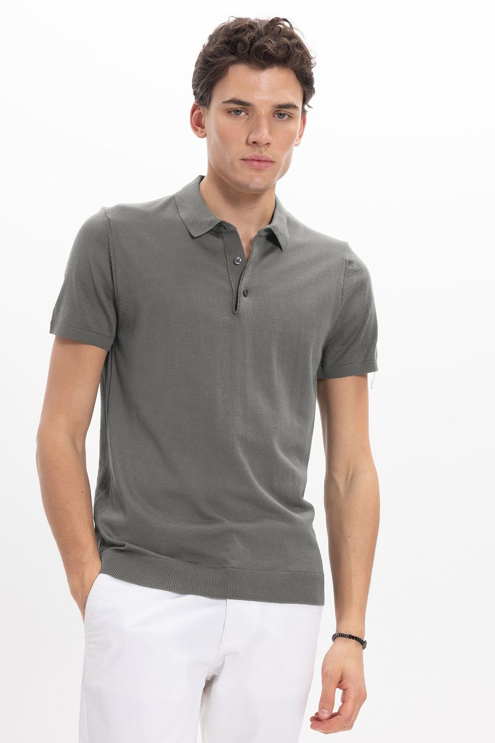 Erkek Slim Fit Dar Kesim Pamuklu Örme Triko Gri Polo Yaka Tişört