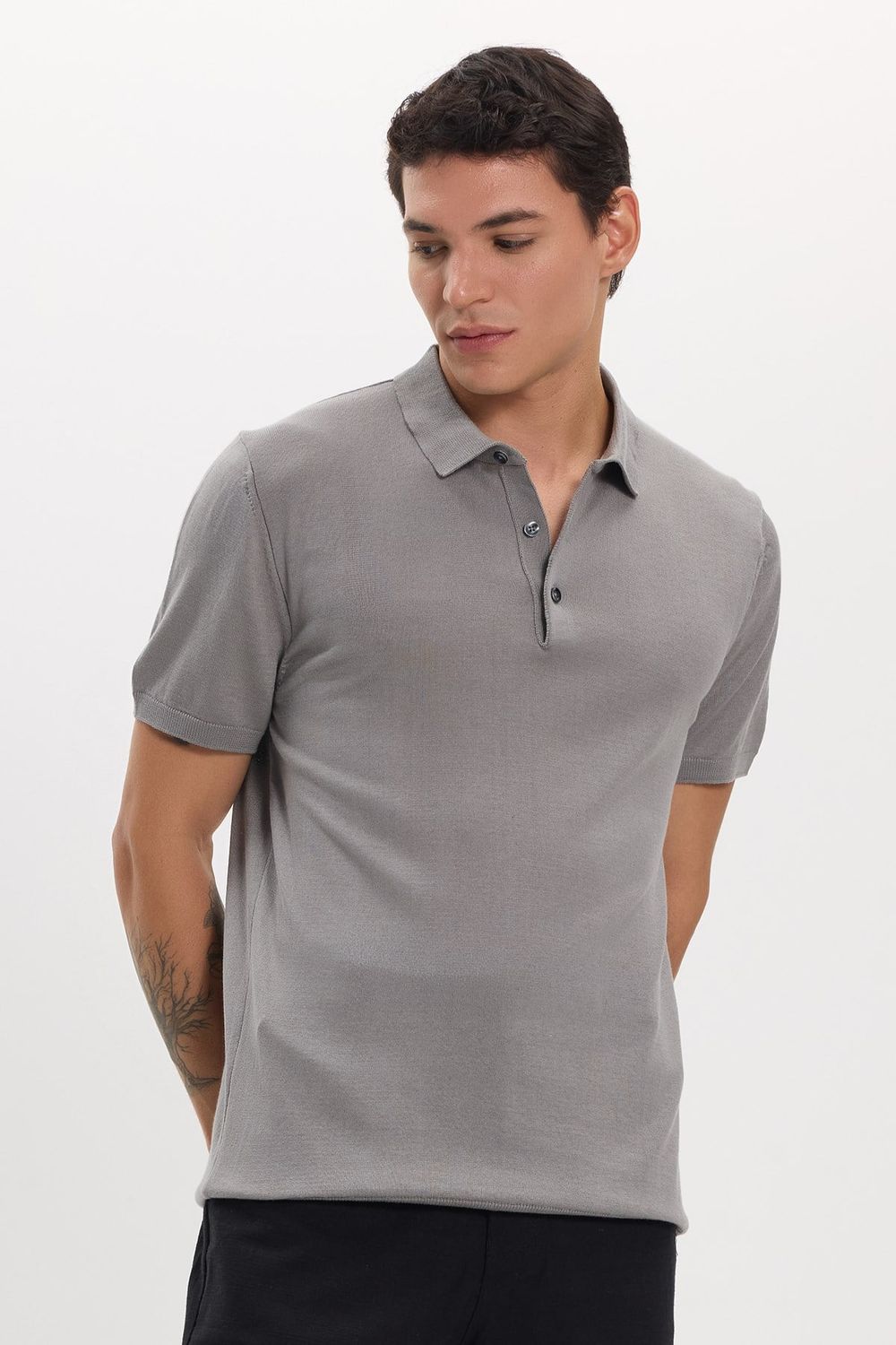 Erkek Slim Fit Dar Kesim Pamuklu Örme Triko Gri Polo Yaka Tişört