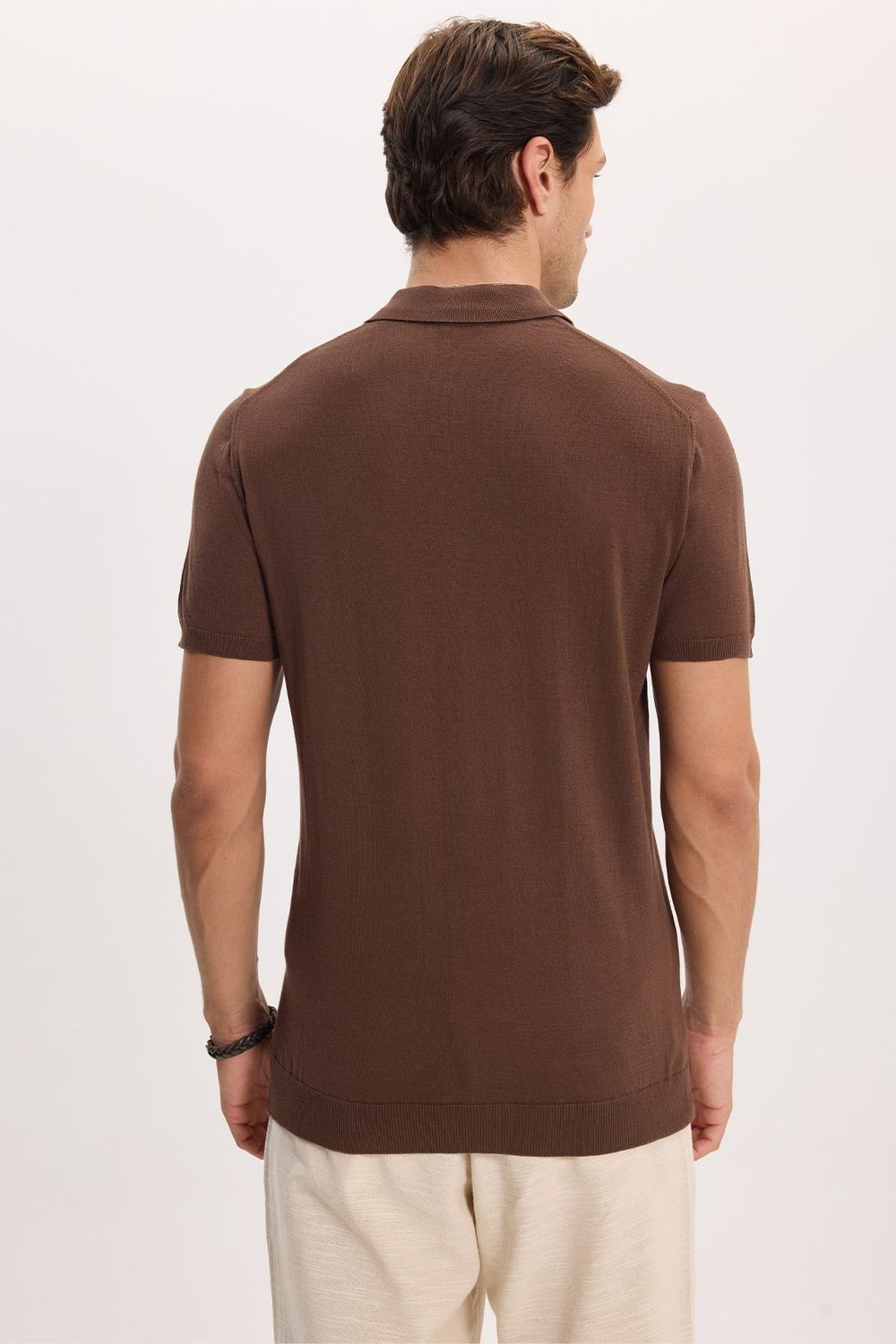 Erkek Slim Fit Dar Kesim Pamuklu Örme Triko Kahverengi Polo Yaka Tişört