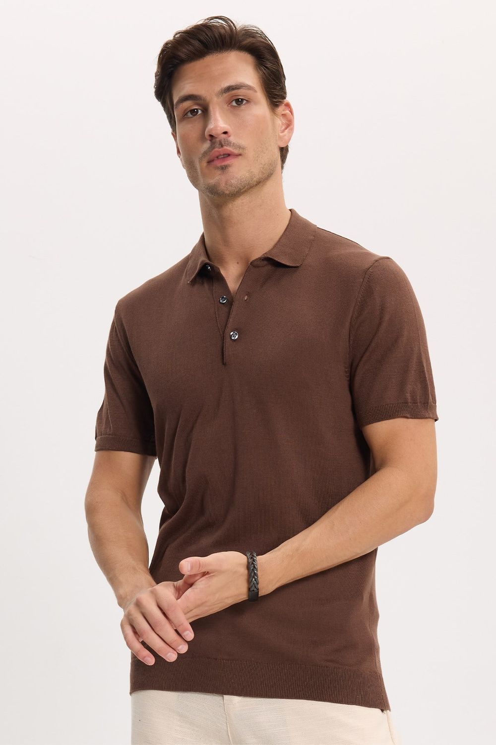 Erkek Slim Fit Dar Kesim Pamuklu Örme Triko Kahverengi Polo Yaka Tişört