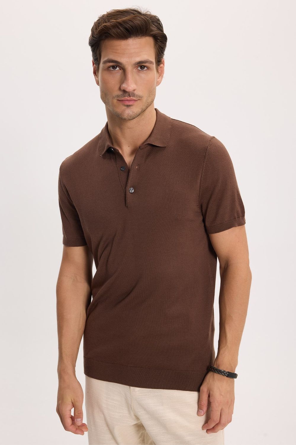 Erkek Slim Fit Dar Kesim Pamuklu Örme Triko Kahverengi Polo Yaka Tişört