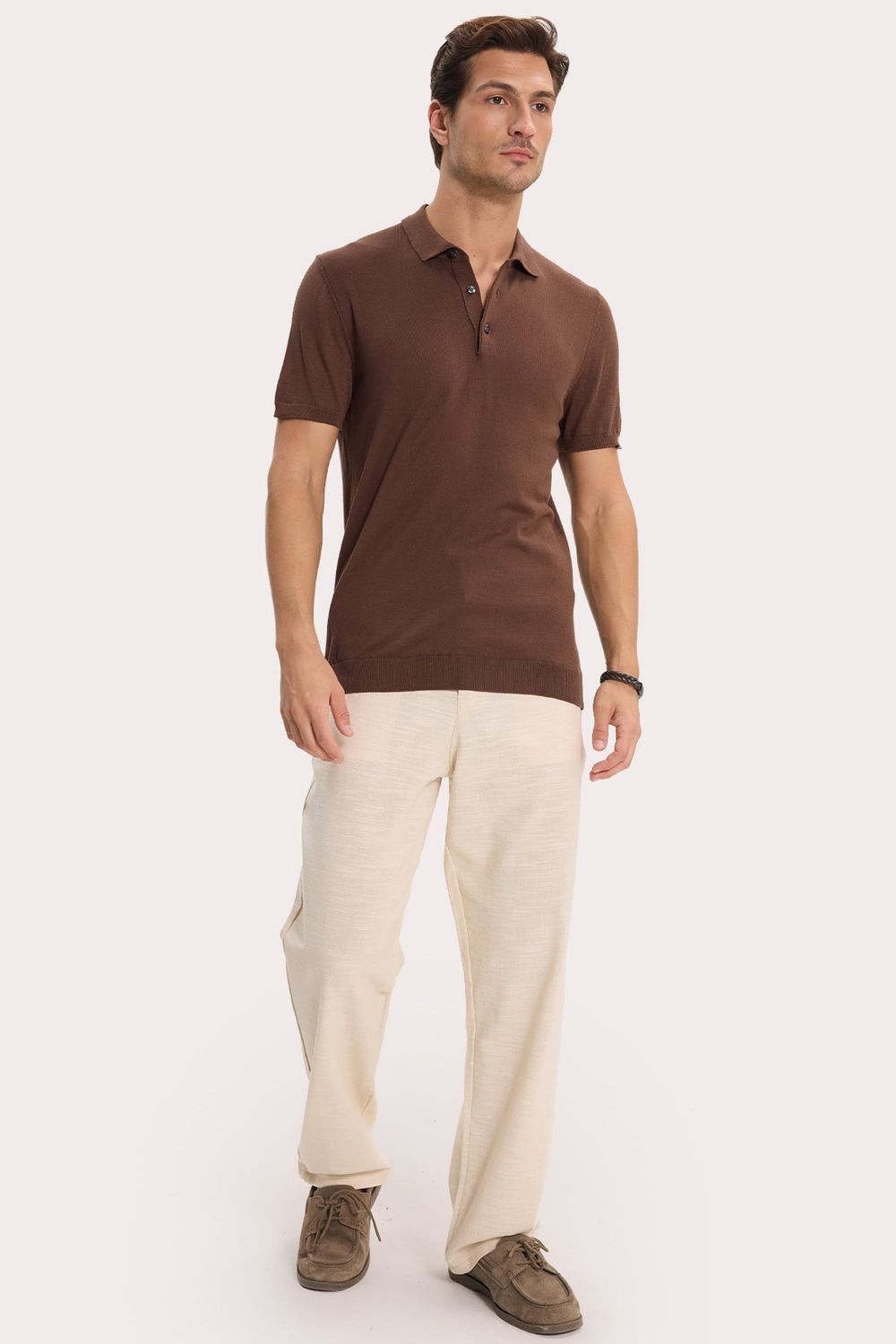 Erkek Slim Fit Dar Kesim Pamuklu Örme Triko Kahverengi Polo Yaka Tişört