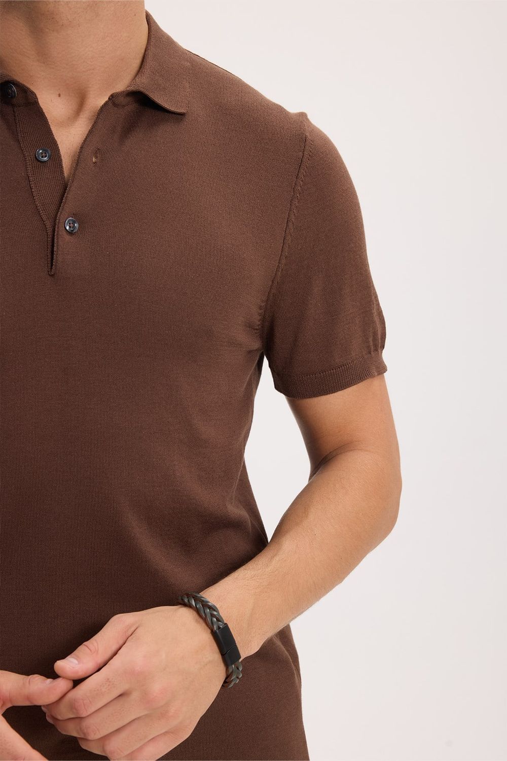 Erkek Slim Fit Dar Kesim Pamuklu Örme Triko Kahverengi Polo Yaka Tişört