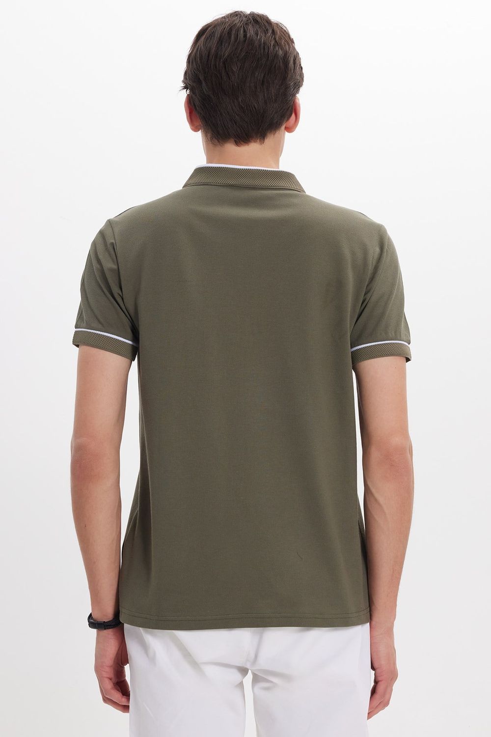 Erkek Slim Fit Dar Kesim %100 Pamuk Düz Pike Fermuarlı Haki Polo Yaka Tişört