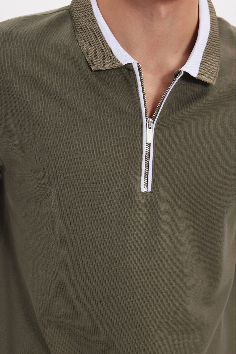 Erkek Slim Fit Dar Kesim %100 Pamuk Düz Pike Fermuarlı Haki Polo Yaka Tişört