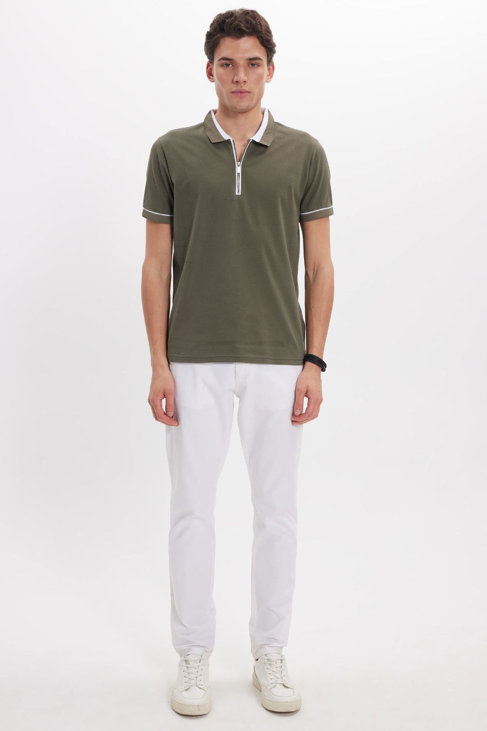 Erkek Slim Fit Dar Kesim %100 Pamuk Düz Pike Fermuarlı Haki Polo Yaka Tişört