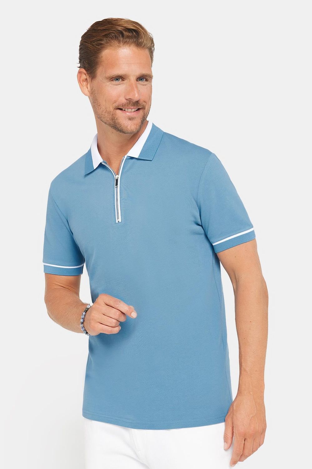 Erkek Slim Fit Dar Kesim %100 Pamuk Düz Pike Fermuarlı Mavi Polo Yaka Tişört