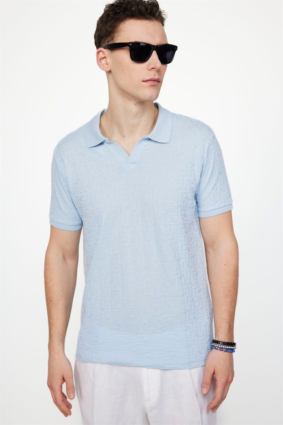Erkek Polo V Yaka Slim Fit Düğmesiz Örme Pamuklu  Tişört