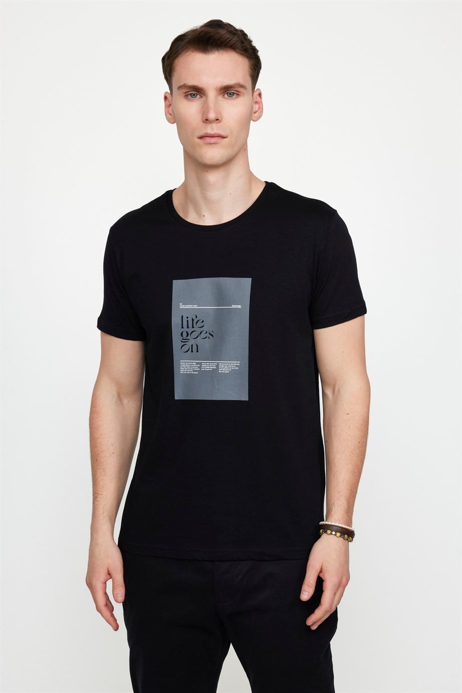 Erkek Bisiklet Yaka Slim Fit Pamuk Baskılı Tişört