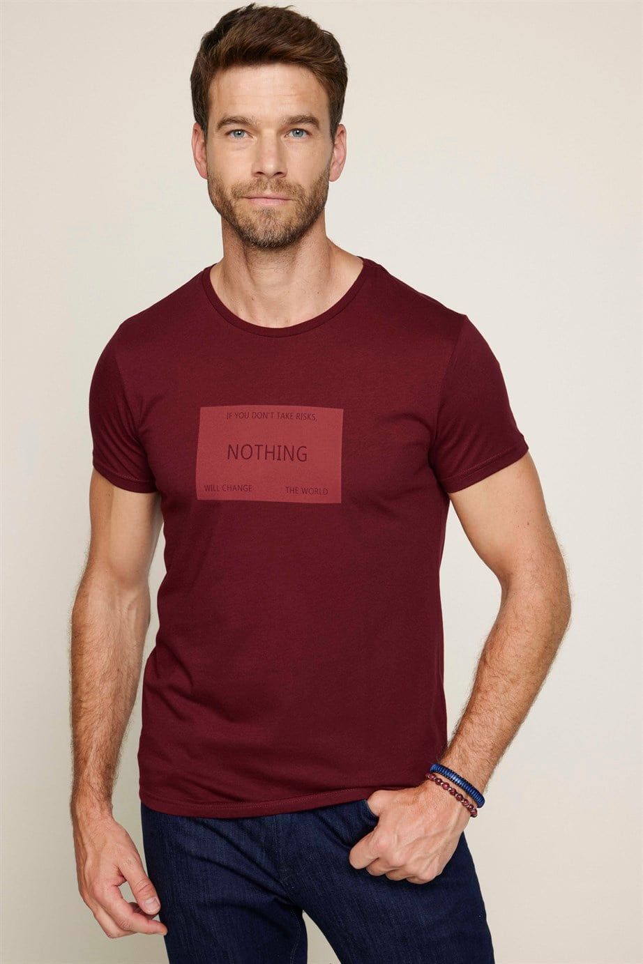Erkek Bisiklet Yaka Slim Fit Pamuk Baskılı Tişört