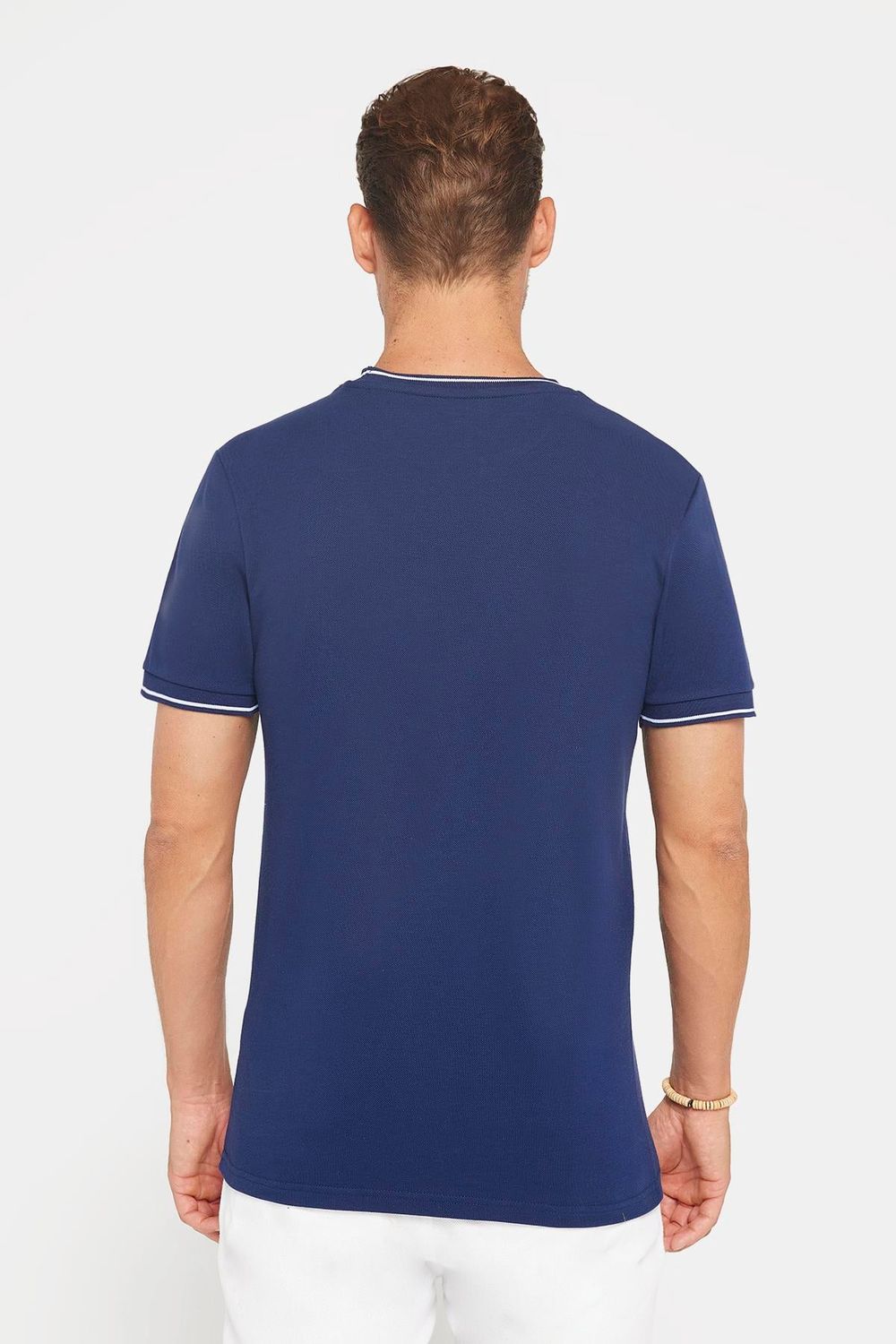 Erkek Slim Fit Dar Kesim %100 Pamuk Düz Pike Lacivert Bisiklet Yaka Tişört