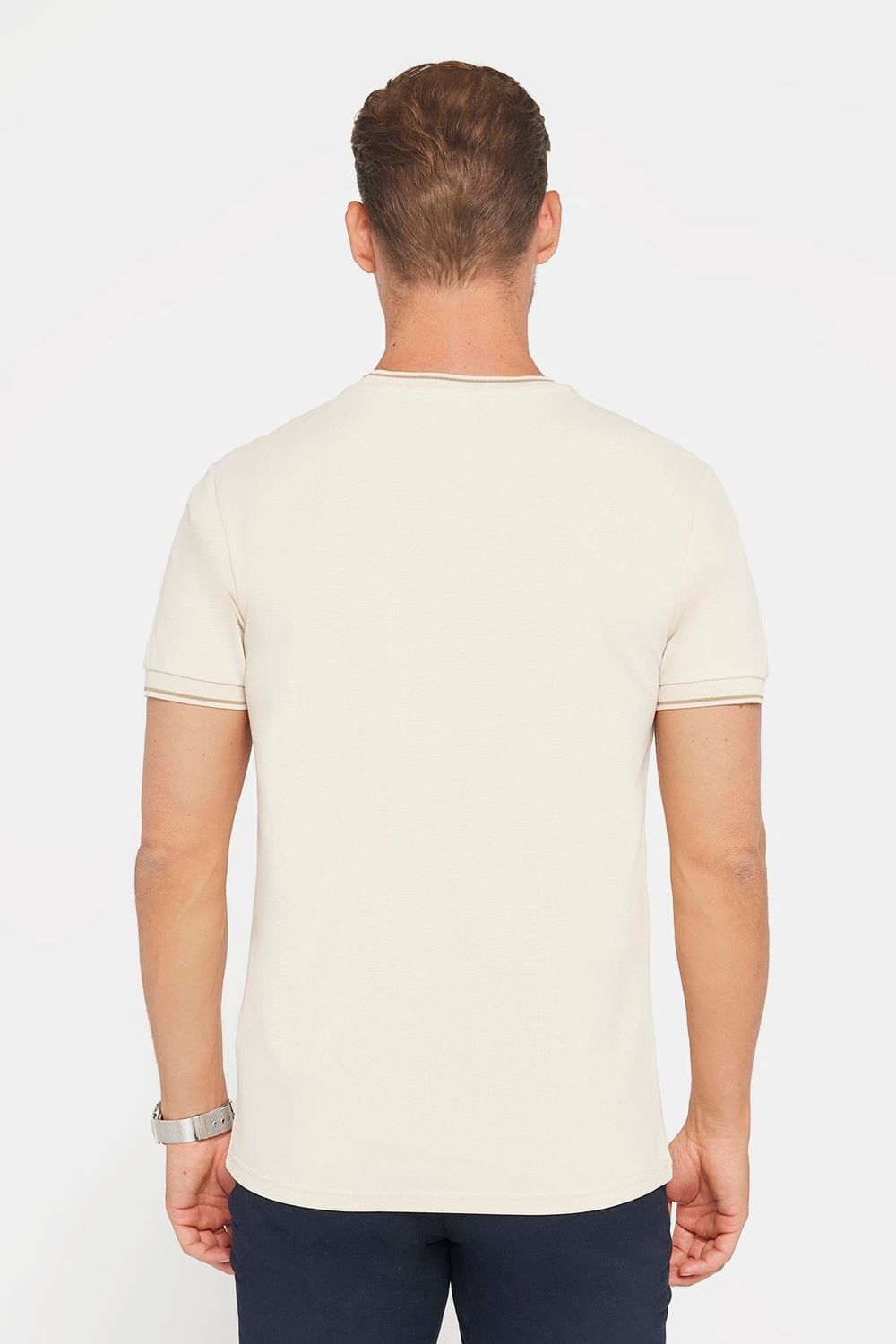 Erkek Slim Fit Dar Kesim %100 Pamuk Düz Pike Taş Rengi Bisiklet Yaka Tişört
