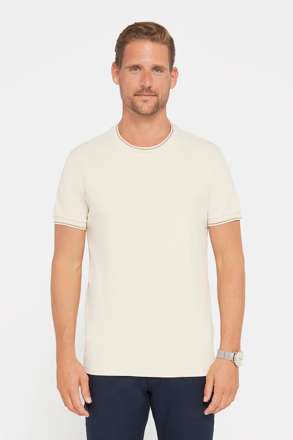 Erkek Slim Fit Dar Kesim %100 Pamuk Düz Pike Taş Rengi Bisiklet Yaka Tişört