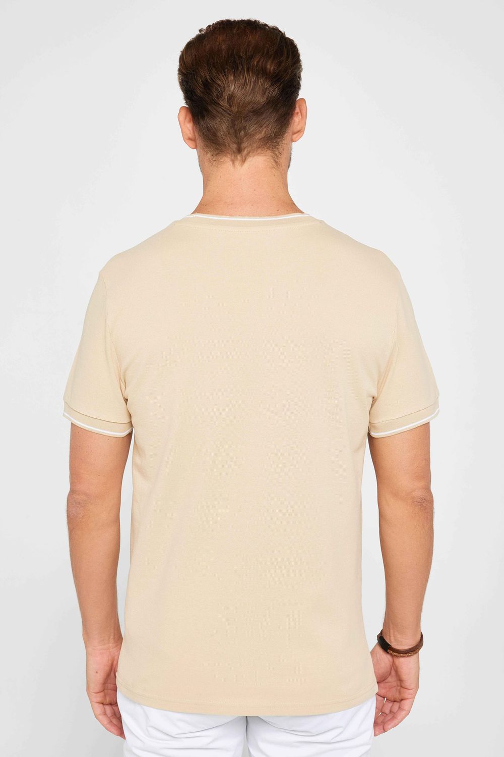 Erkek Slim Fit Dar Kesim %100 Pamuk Düz Pike Kum Rengi Bisiklet Yaka Tişört
