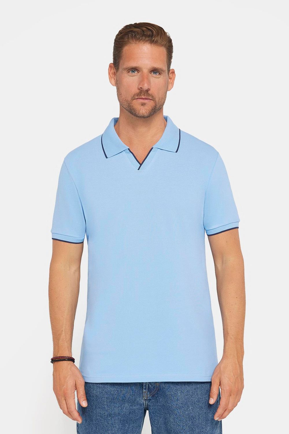 Erkek Slim Fit Dar Kesim %100 Pamuk Düz Pike Düğmesiz Mavi Polo Yaka Tişört