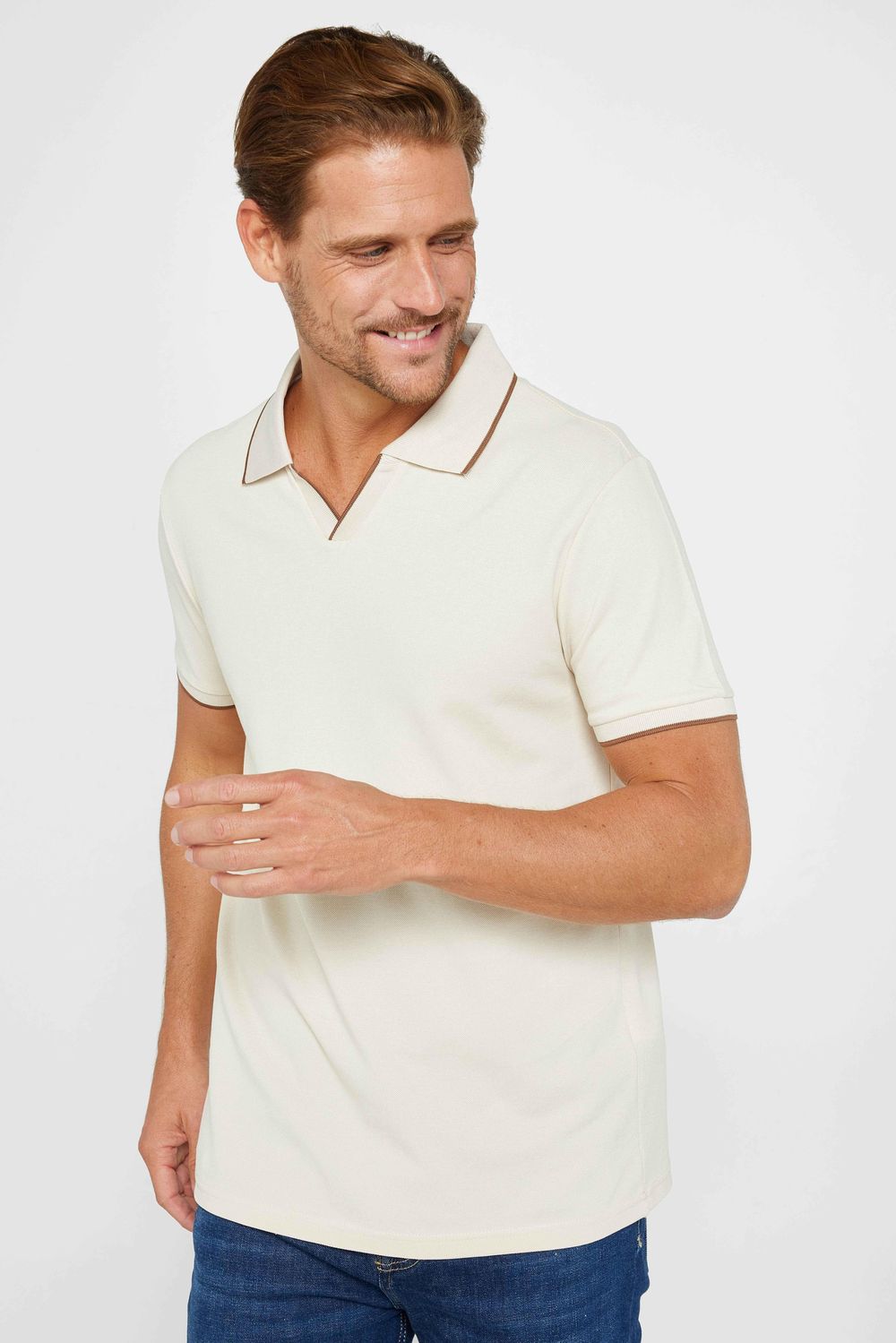 Erkek Polo V Yaka Slim Fit Düğmesiz Pamuk Vizon Pike Tişört