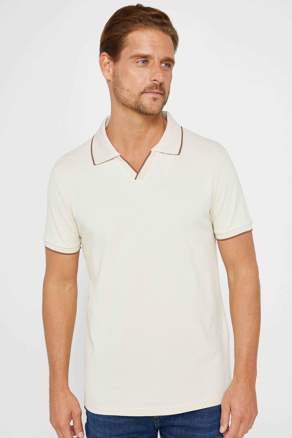 Erkek Polo V Yaka Slim Fit Düğmesiz Pamuk Vizon Pike Tişört
