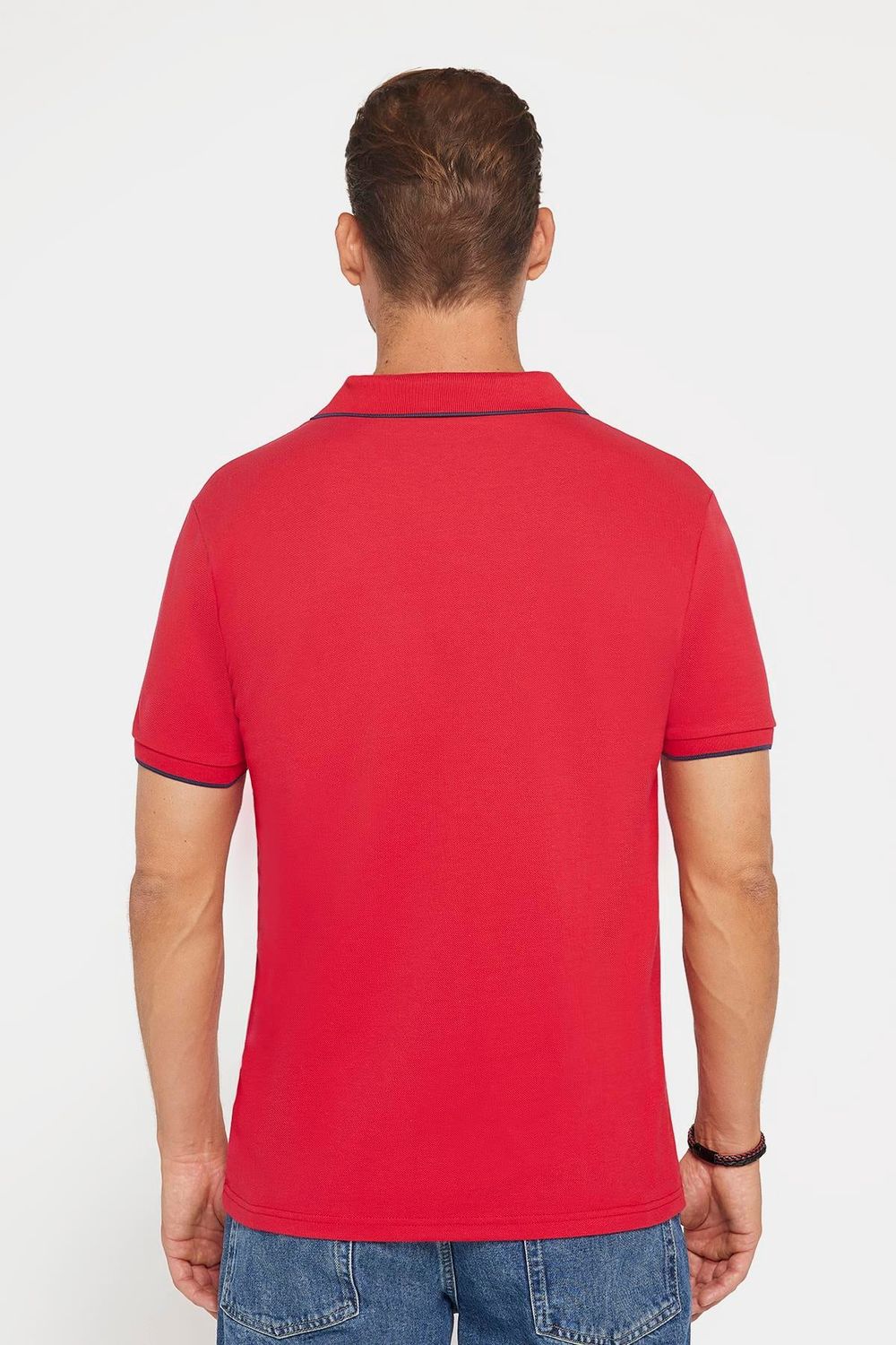 Erkek Slim Fit Dar Kesim %100 Pamuk Düz Pike Düğmesiz Kırmızı Polo Yaka Tişört