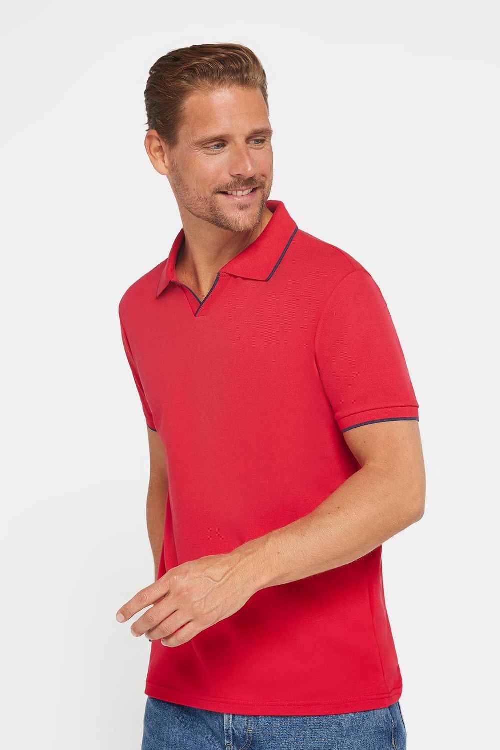 Erkek Slim Fit Dar Kesim %100 Pamuk Düz Pike Düğmesiz Kırmızı Polo Yaka Tişört