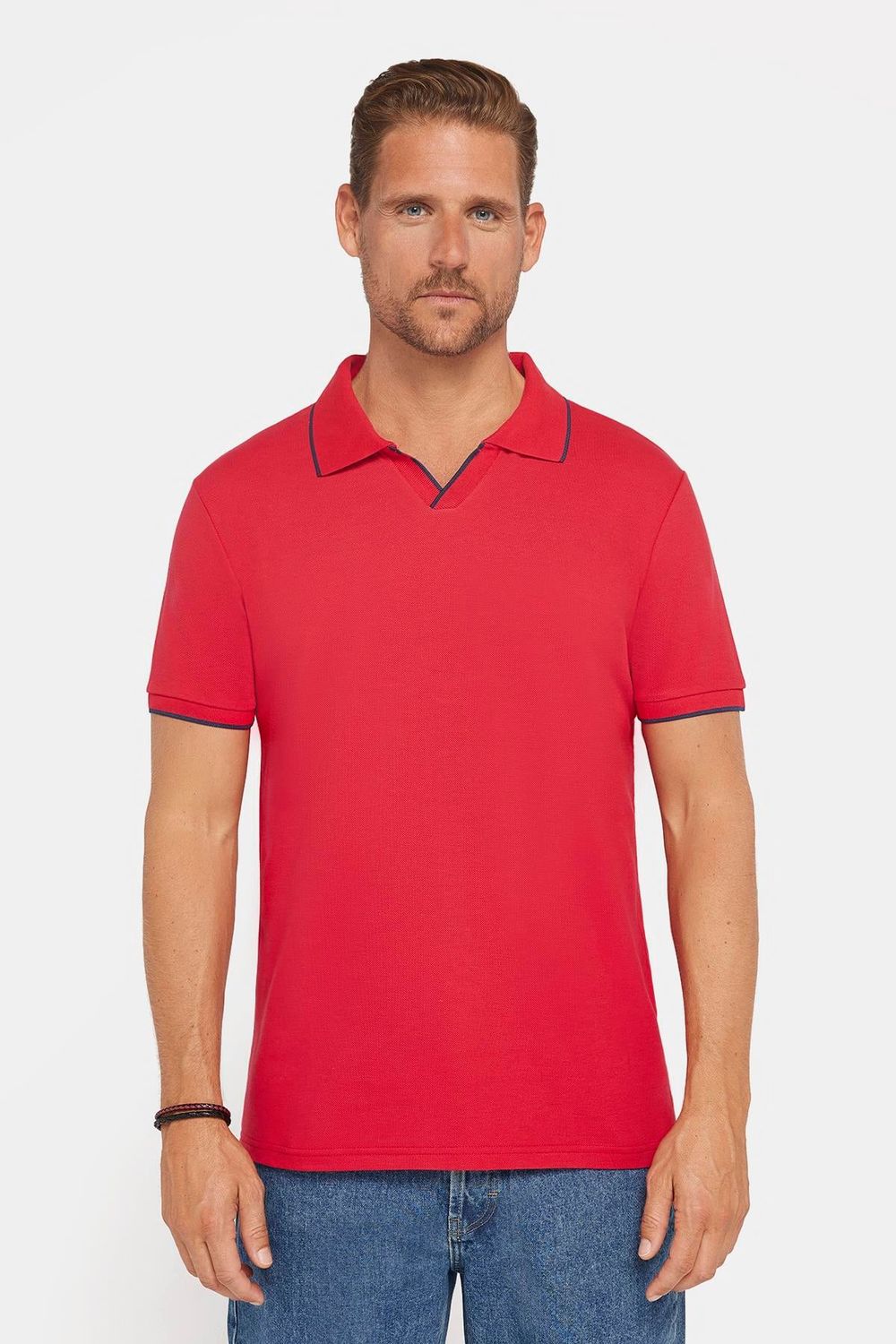 Erkek Slim Fit Dar Kesim %100 Pamuk Düz Pike Düğmesiz Kırmızı Polo Yaka Tişört