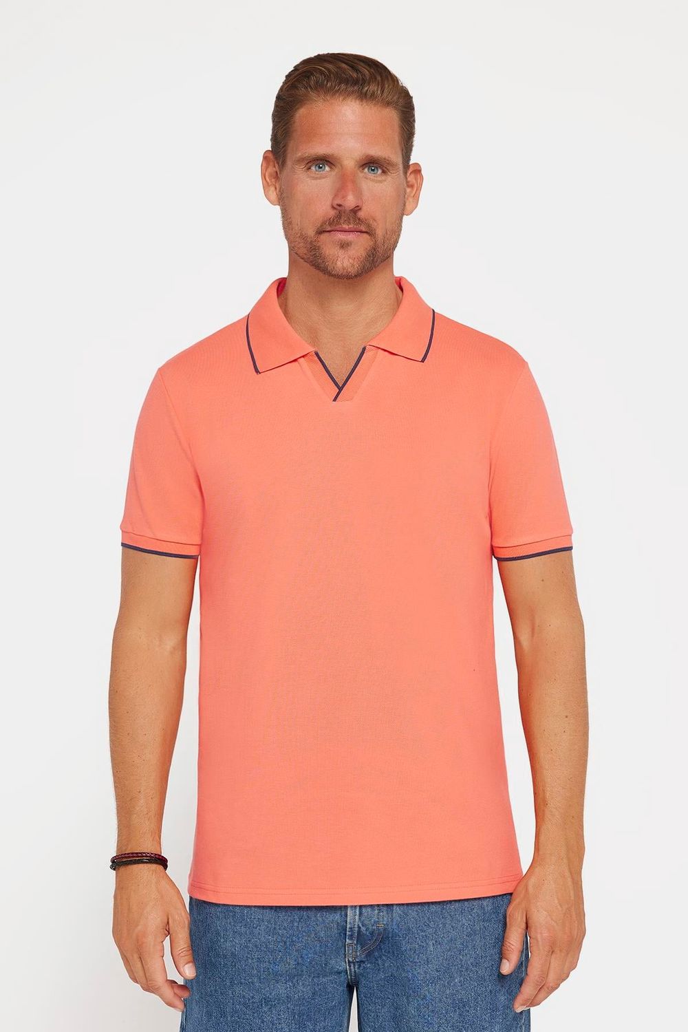 Erkek Slim Fit Dar Kesim %100 Pamuk Düz Pike Düğmesiz Somon Polo Yaka Tişört