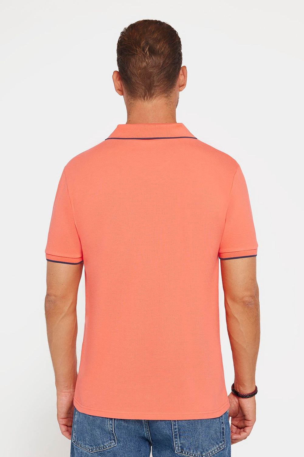 Erkek Slim Fit Dar Kesim %100 Pamuk Düz Pike Düğmesiz Somon Polo Yaka Tişört