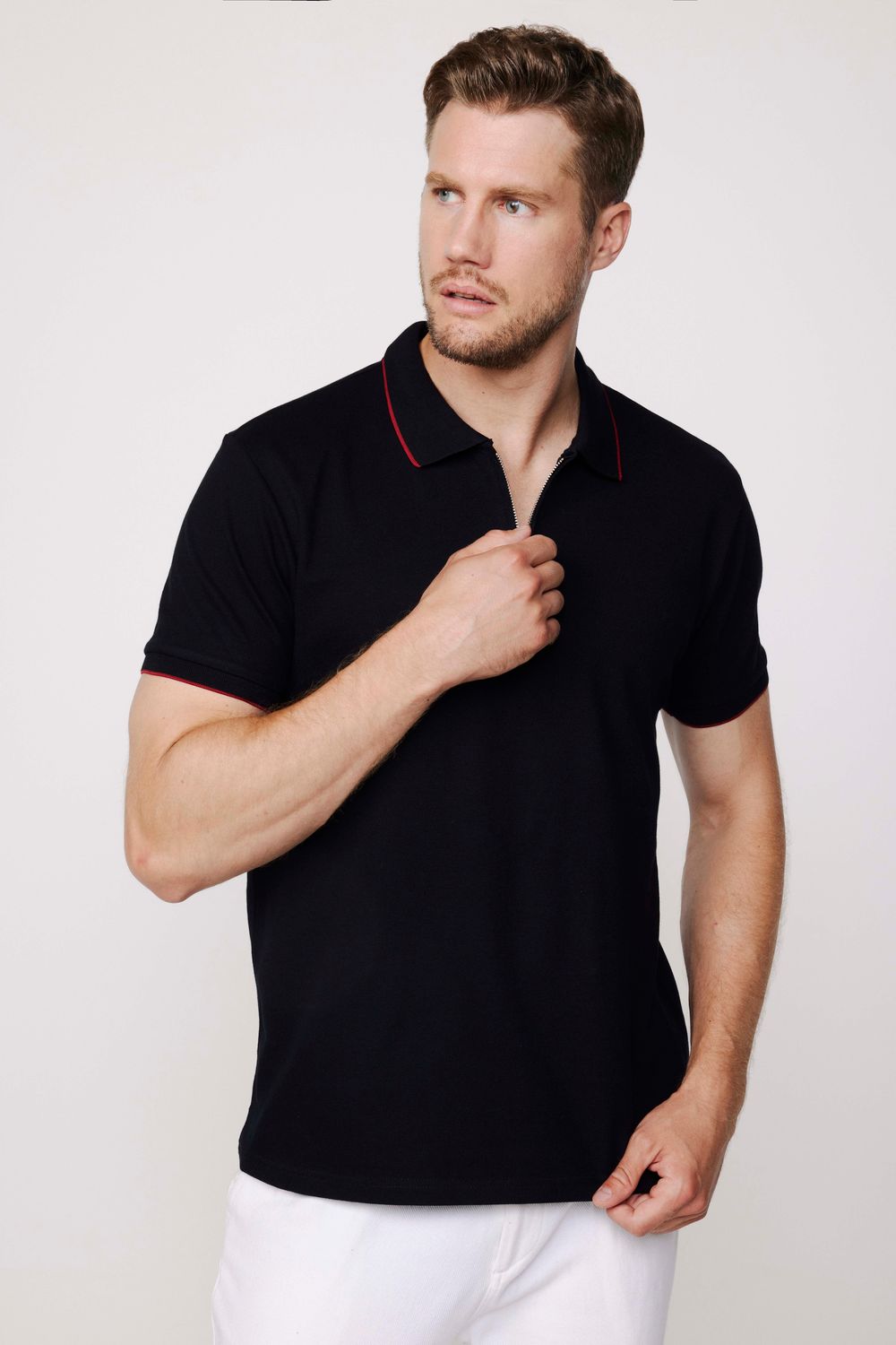 Erkek Slim Fit Dar Kesim %100 Pamuk Düz Pike Fermuarlı Siyah Polo Yaka Tişört
