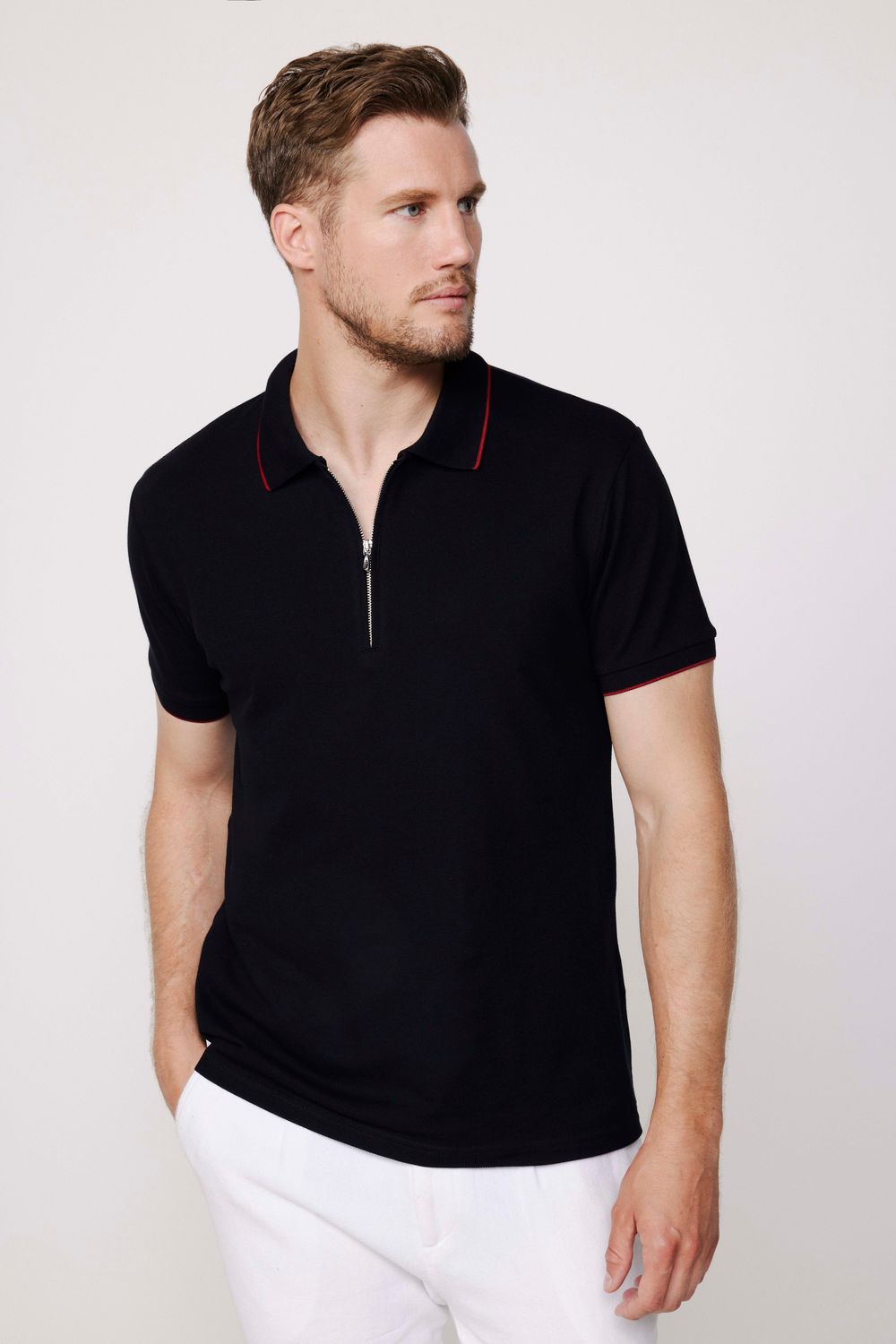 Erkek Slim Fit Dar Kesim %100 Pamuk Düz Pike Fermuarlı Siyah Polo Yaka Tişört