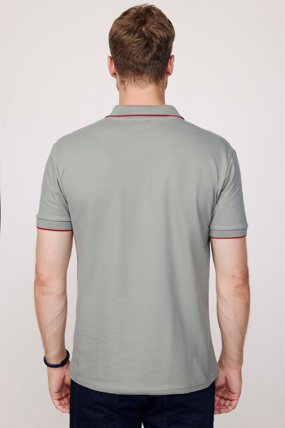 Erkek Polo Yaka Slim Fit Pamuk Fermuarlı Pike Gri Tişört