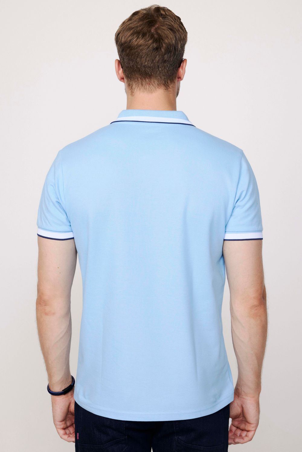 Erkek Polo Yaka Slim Fit Yaka Ve Kol Şeritli Pike Mavi Tişört