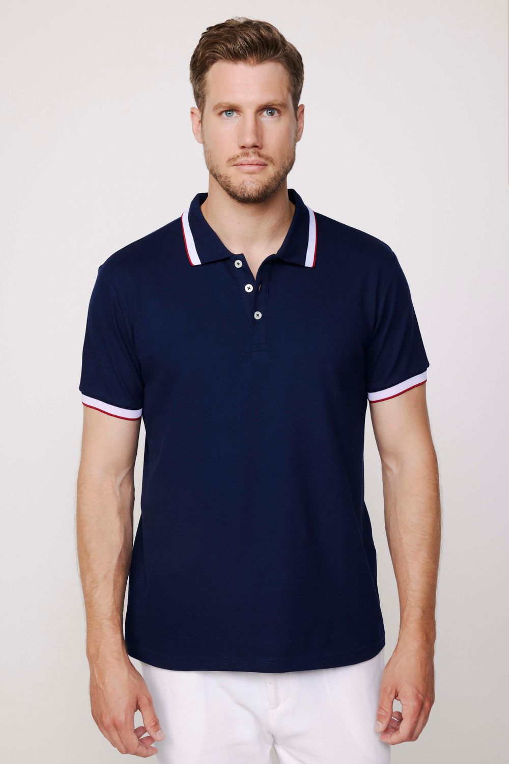 Erkek Slim Fit Dar Kesim %100 Pamuk Düz Pike Kol Şeritli Lacivert Polo Yaka Tişört