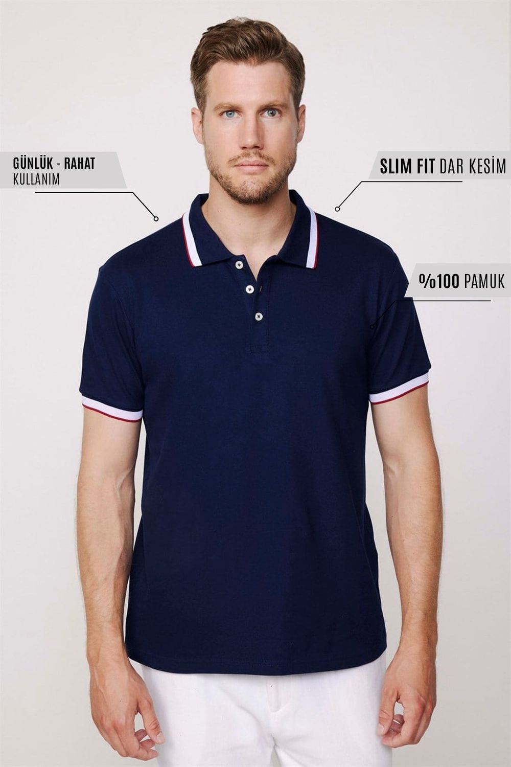 Erkek Slim Fit Dar Kesim %100 Pamuk Düz Pike Kol Şeritli Lacivert Polo Yaka Tişört