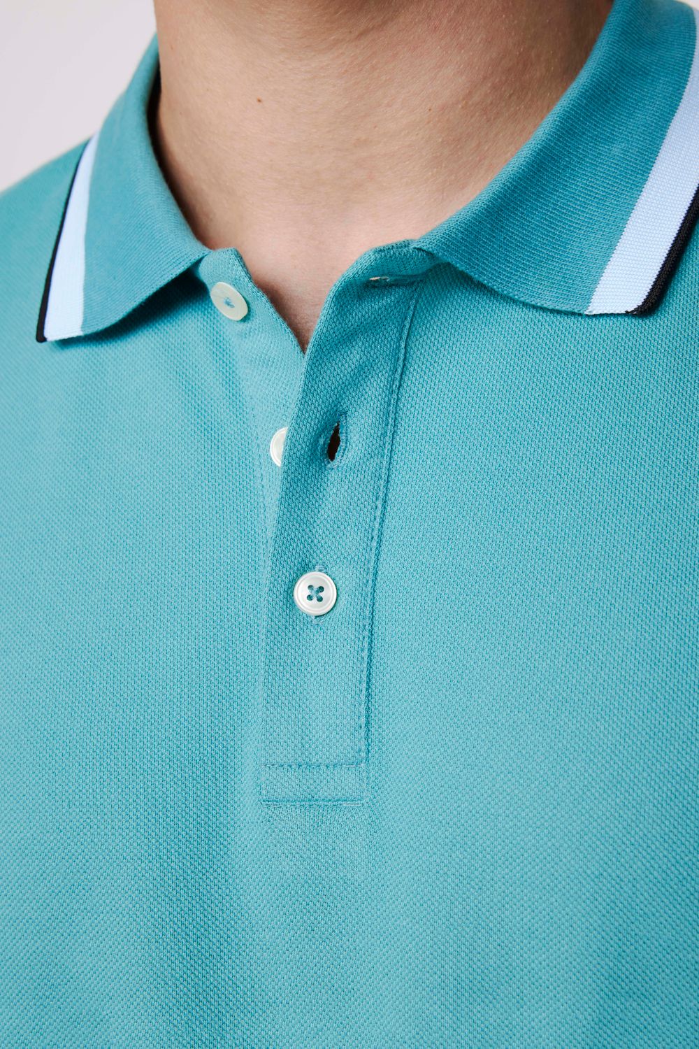 Erkek Polo Yaka Slim Fit Yaka Ve Kol Şeritli Pike Turkuaz Tişört