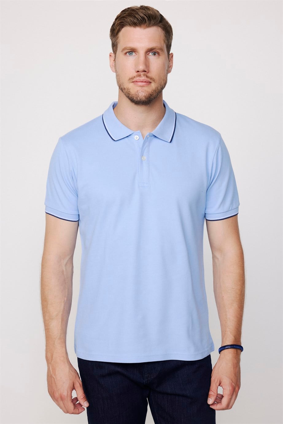 Erkek Polo Yaka Slim Fit Yaka ve Kol Şeritli Pike  Tişört