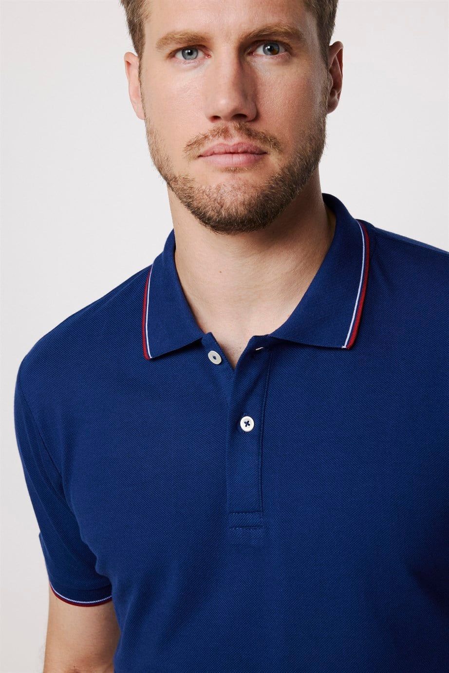 Erkek Polo Yaka Slim Fit Yaka ve Kol Şeritli Pike  Tişört