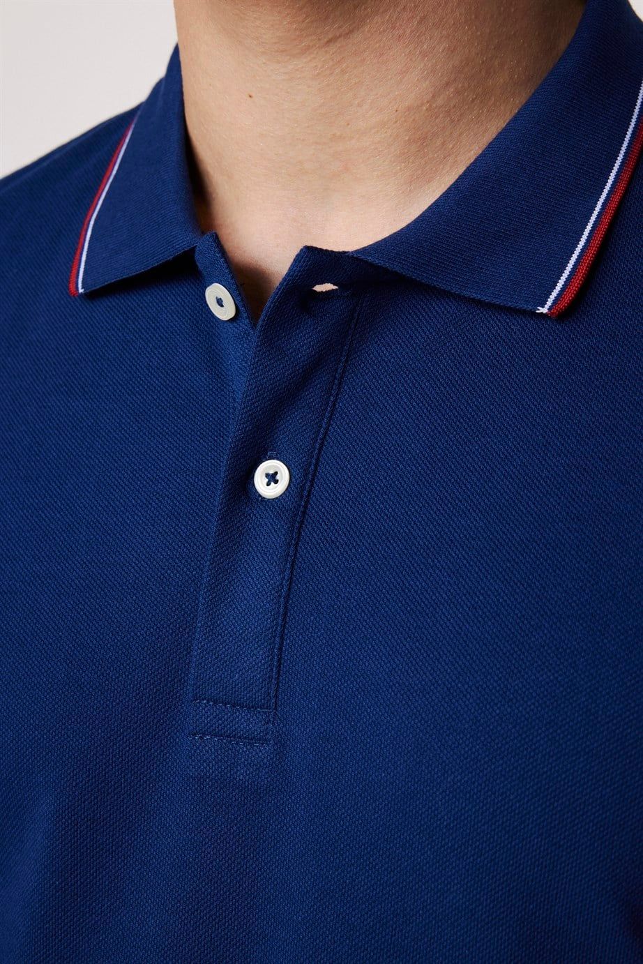 Erkek Polo Yaka Slim Fit Yaka ve Kol Şeritli Pike  Tişört