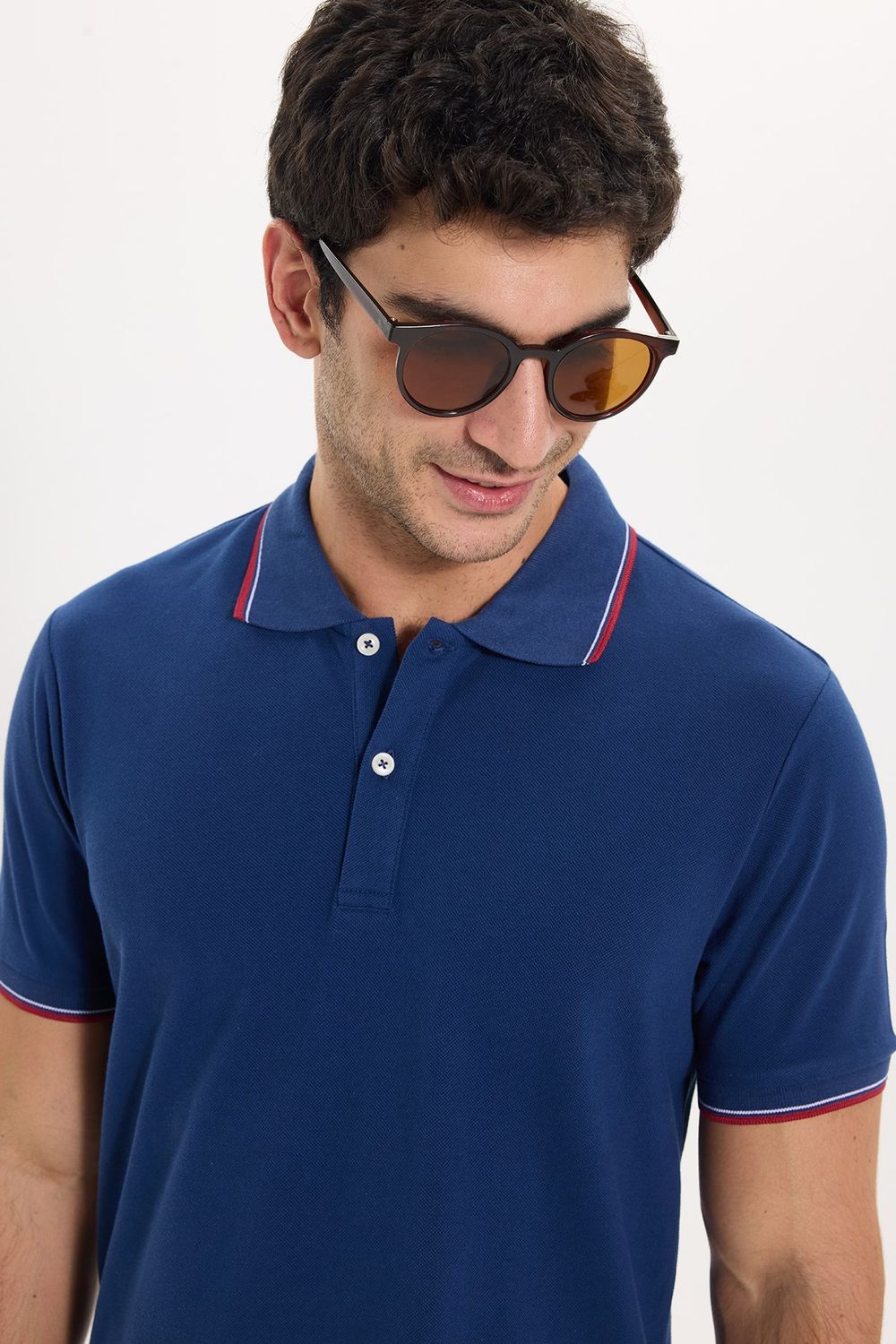 Erkek Slim Fit Dar Kesim %100 Pamuk Düz Pike Kol Şeritli Lacivert Polo Yaka Tişört