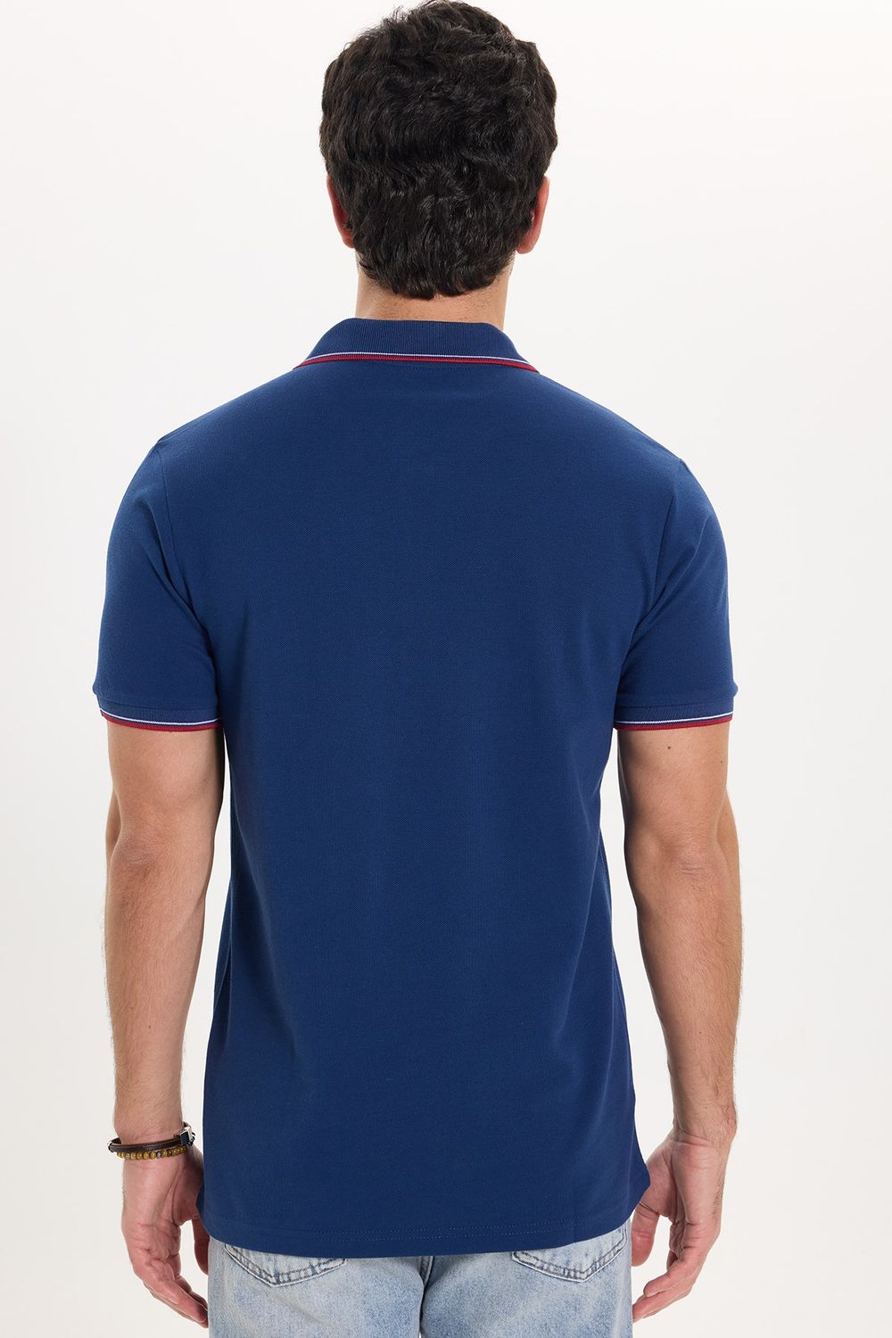 Erkek Slim Fit Dar Kesim %100 Pamuk Düz Pike Kol Şeritli Lacivert Polo Yaka Tişört