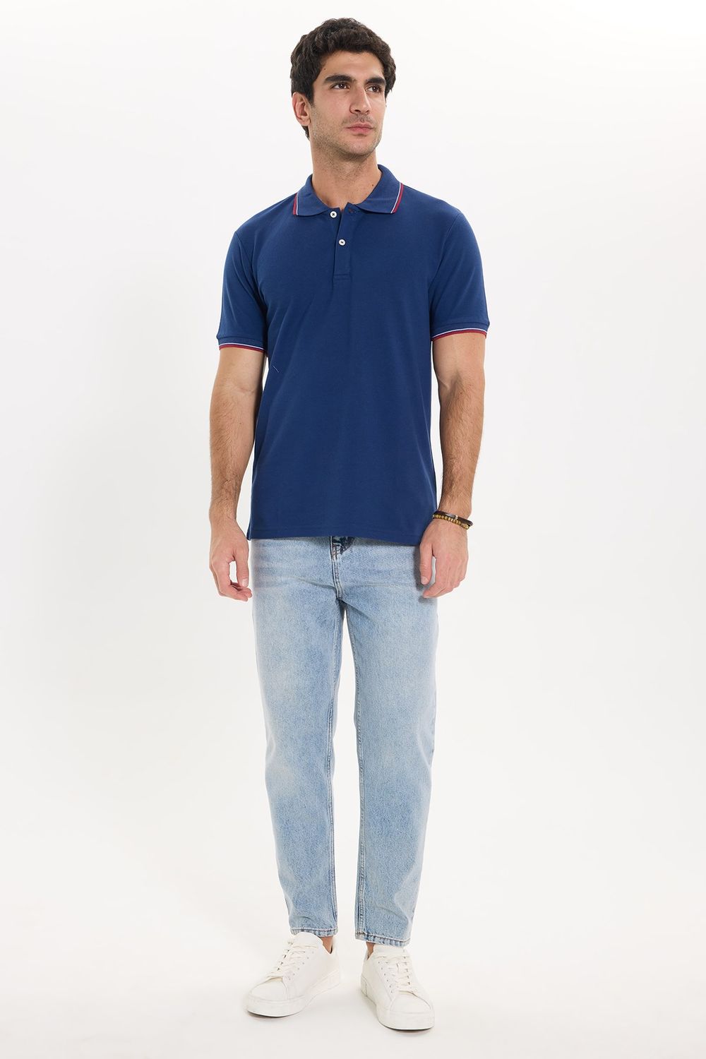 Erkek Slim Fit Dar Kesim %100 Pamuk Düz Pike Kol Şeritli Lacivert Polo Yaka Tişört